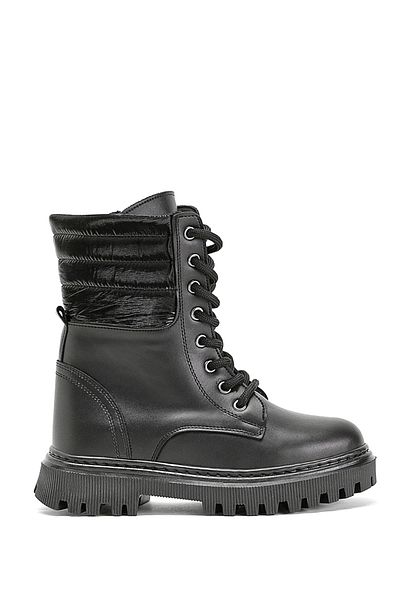 Tonny Black Girl's Black Leather Thermo Sole Side Quilted Patterned Lace-Up and Zippered Boots