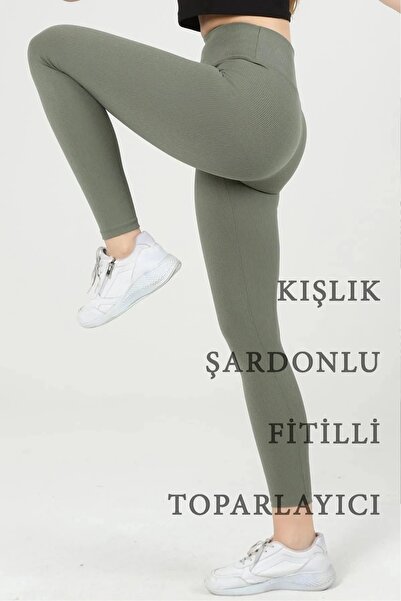 Livik Khaki & Indigo Ribbed Inner Fleece Raised Winter Leggings High Waist 2-Pack Advantageous