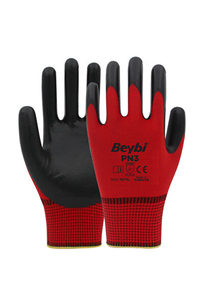 Beybi PN3 Polyester Örme Nitril Eldiven Kırmızı 12 Çift