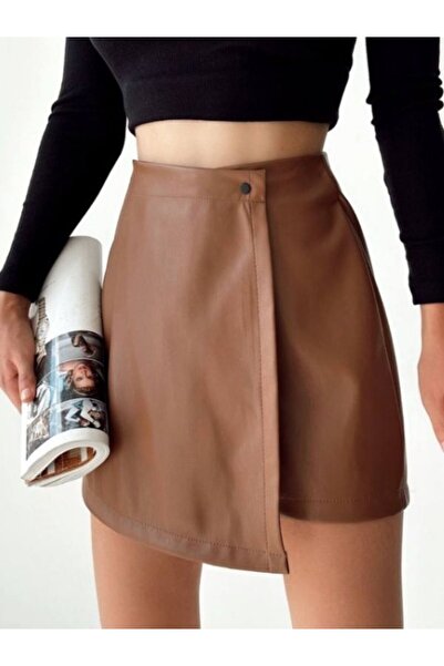 olinda butik Düğme Detaylı Deri Kahverengi Şort Etek