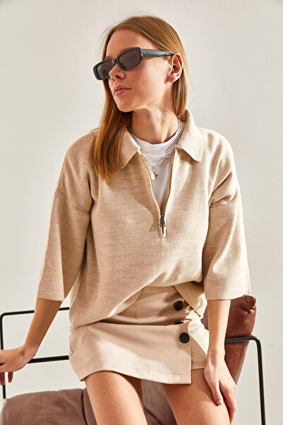 Bianco Lucci Women's Short Sleeve Zipper Knitwear Sweatshirt