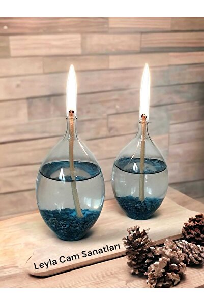 LEYLA CAM SANATLARI CAM ÜFLEME DAMLA KANDİL 2 Lİ MAVİ KUMLU + 200 ML KANDİL YAĞI