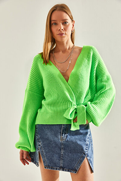 Bianco Lucci Women's Thessaloniki Braided Tie Detailed Balloon Sleeve Knitwear Cardigan