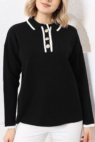 VEGENZE Pulover de damă, negru, ecru, cu nasturi, tricotaj, cu guler polo
