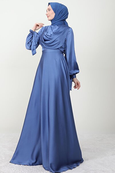 Giza Giyim Kol Bağlamalı Degaje Abiye İndigo