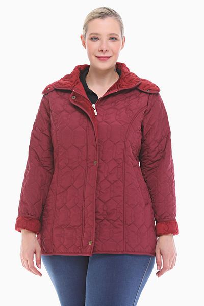 VETRE Women's Large Size Hooded 75 Cm Claret Red Quilted Coat 1014