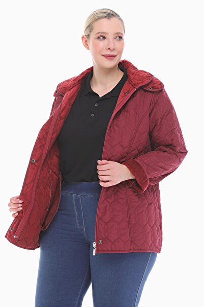 VETRE Women's Large Size Hooded 75 Cm Claret Red Quilted Coat 1014