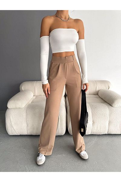 MsLena Butik Velcro Waist Lycra Crepe Fabric Palazzo Trousers Camel