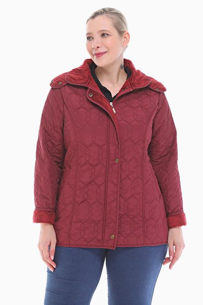 VETRE Women's Large Size Hooded 75 Cm Claret Red Quilted Coat 1014
