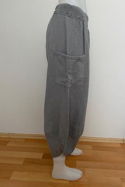 AYASOFYA OTANTIK Women's Gray Cargo Pocket Linen V Leg Trousers231003