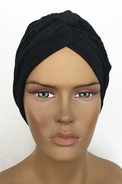 Vera Καπό Efruz Ready Turban Cross Banded Lined Hijab Bonnet Μαύρο πλισέ ύφασμα Γυναικείο καπό