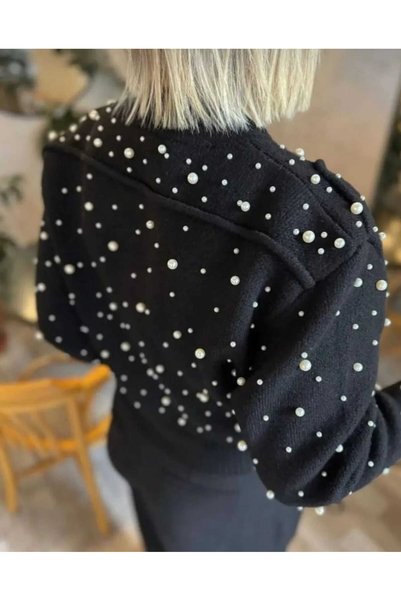 Azra Moda Style Black Pearl Detail Zippered Cardigan Women