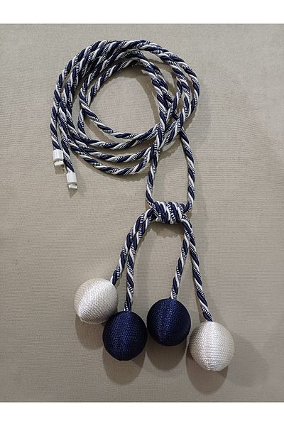 venedik home Ecru and Navy Blue 4 Ball Tulle and Background Binding Apparatus Curtain Tie Double Breasted Ceiling Binding Corniş Takmatik