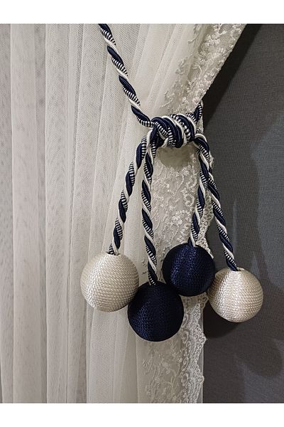 venedik home Ecru and Navy Blue 4 Ball Tulle and Background Binding Apparatus Curtain Tie Double Breasted Ceiling Binding Corniş Takmatik