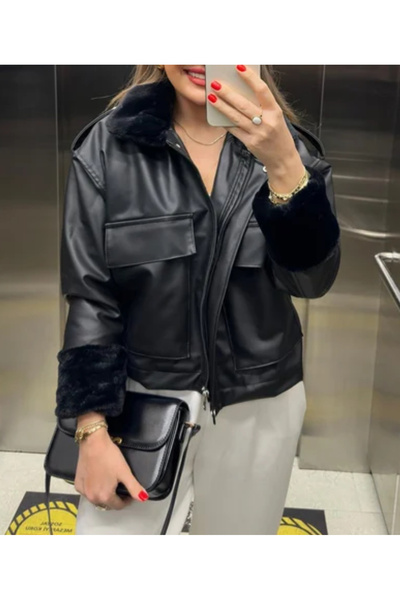 pembekurdelem معطف جلد فرو أسود كامل للنساء