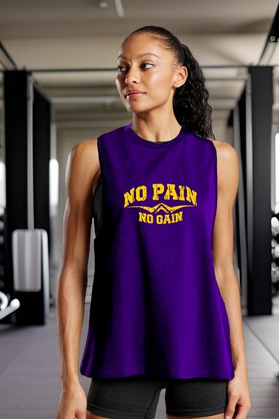 BESSA Women's No Pain No Gain Printed Purple Oversize Crew Neck Cotton Sleeveless T-Shirt/Athlete