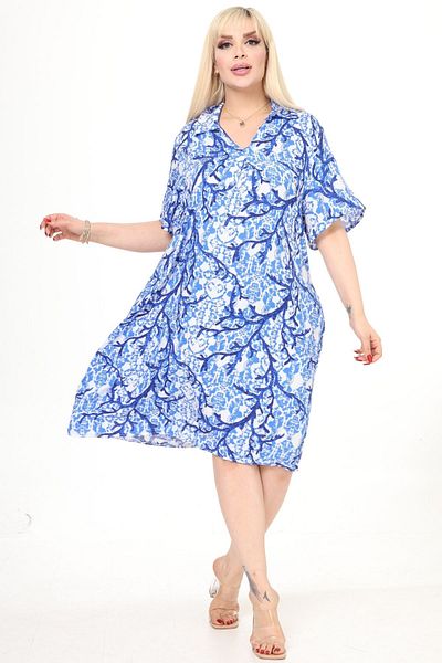 Eceyaman moda Women's White Navy Blue Coral Pattern Large Size Dress