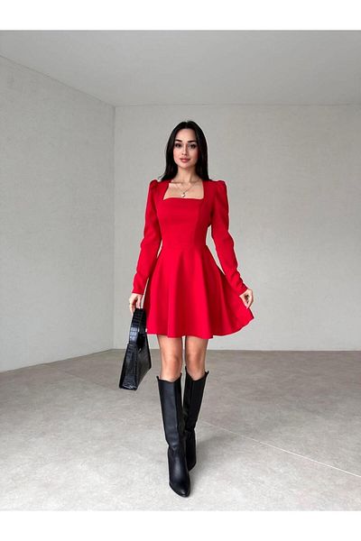 popibutik Square Collar Mini Roza Dress