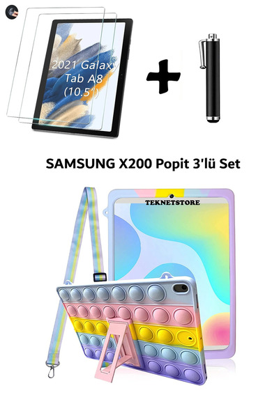 TEKNETSTORE Samsung Galaxy Tab A8 10.5 (2021) Sm-x200 Compatible Popit Case Children's Case with Strap Stand Set of 3