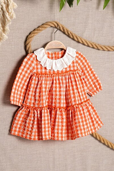 Lamonde Kız Bebek Ekoseli Dantel Yaka Detaylı Elbise 9-12-18-24 Ay