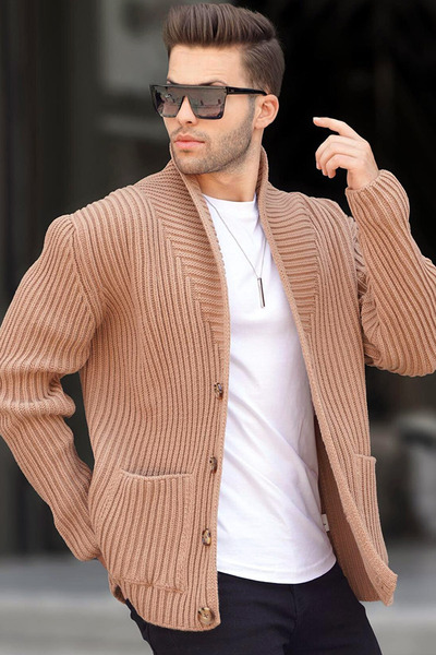 CoolLook Dik V Yakalı Uzun Kollu Çift Heybe Cepli Yünlü Kalın Fit Dokuma sıca...