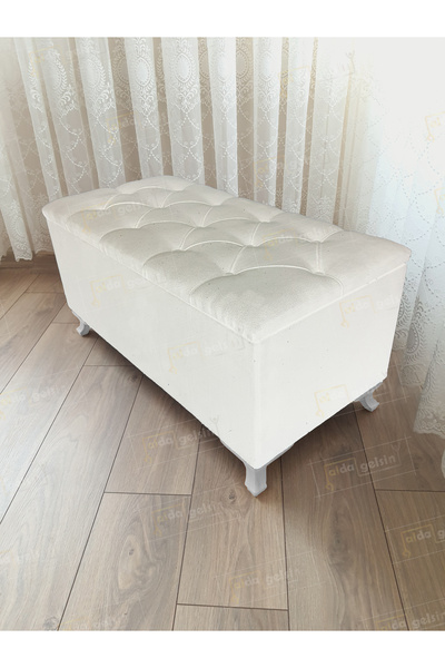 aldagelsin Lüks Sandıklı Kapitoneli Ayakucu Puf Bench 90 cm Beyaz Ayak