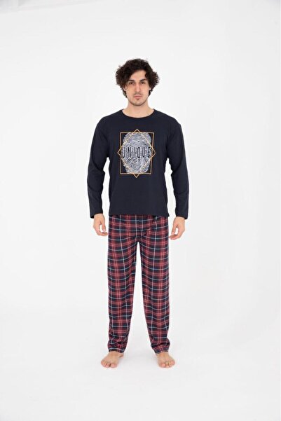 Genel Markalar Erkek Ekose Yazlık Uzun Kollu % 100 Pamuklu Pijama Takımı