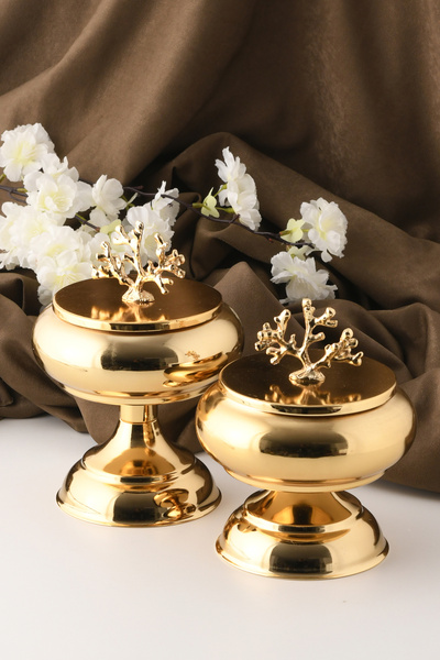 TR Turan Collection 2'li Gold Renk Metal Sunum Şekerlik Çikolatalık Mercan De...