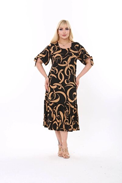 ModaSehle Women's Plus Size Square Neck Viscose Fabric Stretchy Short Sleeve Detailed Midi Dress