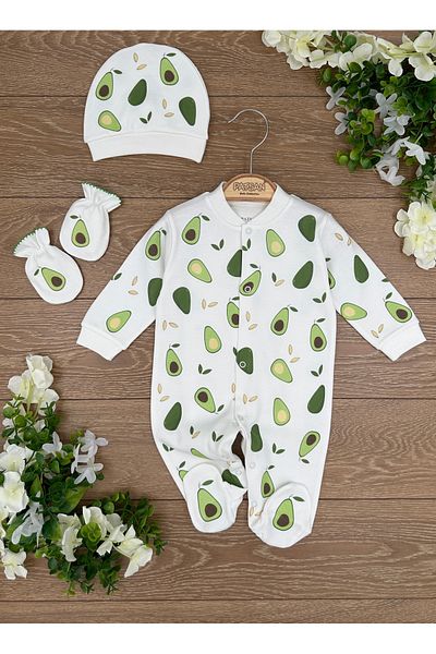 Renkli Puset Organic Cotton Knitted 3-Piece Baby Rompers with Hat, Gloves and Booties Avocado