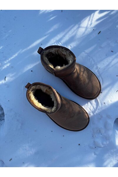 TRODONS Ultra Mini Süet Yarım Bot Düz Taban İçi Kürklü Kadın Bot Ayakkabı