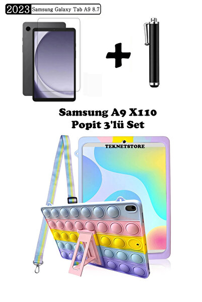 TEKNETSTORE Samsung Galaxy Tab A9 8.7 (2023) Sm-x110 Compatible Popit Children's Case with Strap Stand Fun Set of 3