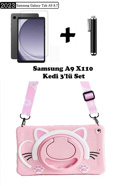 TEKNETSTORE Samsung Galaxy Tab A9 8.7 (2023) Sm-x110 Compatible Cat Children's Case with Strap Stand Fun Set of 3
