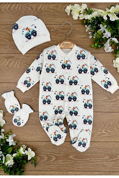 Renkli Puset Organic Cotton Knitted 3-Piece Baby Boy Rompers with Hat, Gloves and Booties Giraffe Jeep