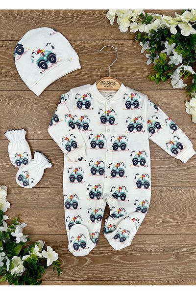 Renkli Puset Organic Cotton Knitted 3-Piece Baby Boy Rompers with Hat, Gloves and Booties Giraffe Jeep