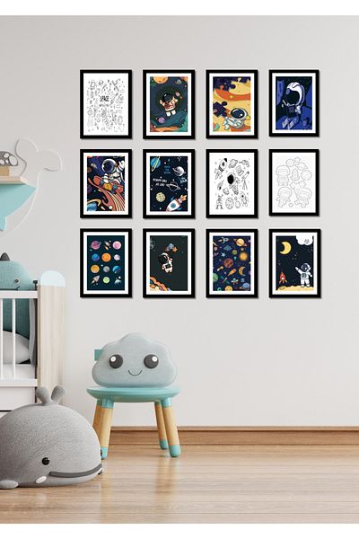 NT Handmade 12 bucăți cadru negru aspect spațiu decor de perete set pictură pentru living dormitor pat copii