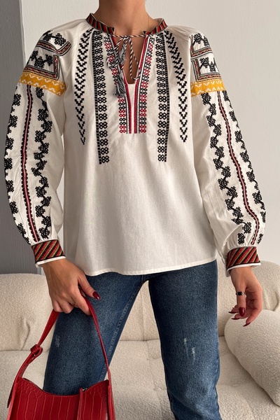 FEMELLE Γυναικεία Κεντητή Μπλούζα Φούντες Βαμβακερό Vintage Κέντημα Κεντημένο