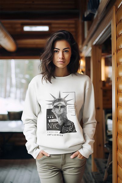 ADABEBEK Hanorac pentru damă, cu gât crew, în stil New York, 100% bumbac premium
