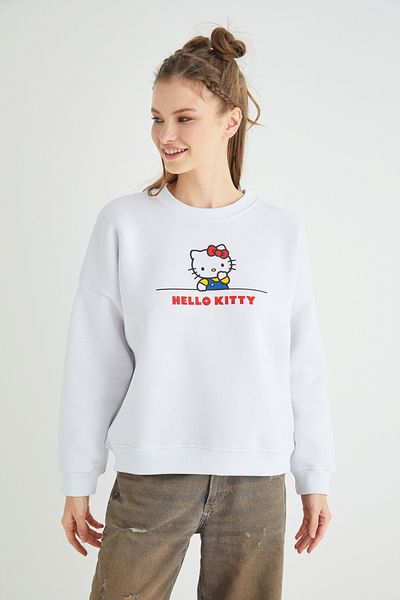 Hello Kitty Λευκό φούτερ με άδεια εκτύπωσης με λαιμόκοψη χοντρό oversize Roz-113