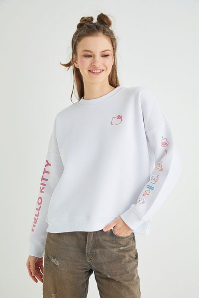 Hello Kitty Λευκό φούτερ με άδεια εκτύπωσης με λαιμόκοψη χοντρό oversize Roz-111