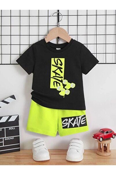 LOUİSA Erkek Çocuk Siyah-Neon Yeşil Kaykay Basklı Şort-Tişört Takım