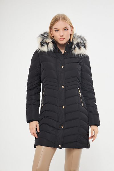 DYNAMO Women's Black Hooded Thick Coat with Removable Fur Lining 5302