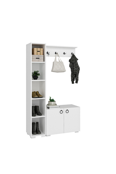 AYSİMO Napoli Duvar Askılıklı Boy Dolaplı Ayakkabılıklı Beyaz MDF Vestiyer Portmanto