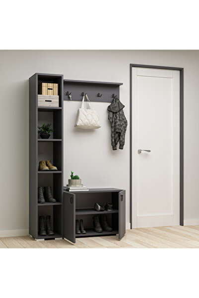 AYSİMO Napoli Duvar Askılıklı Boy Dolaplı Ayakkabılıklı Antrasit Vestiyer Portmanto