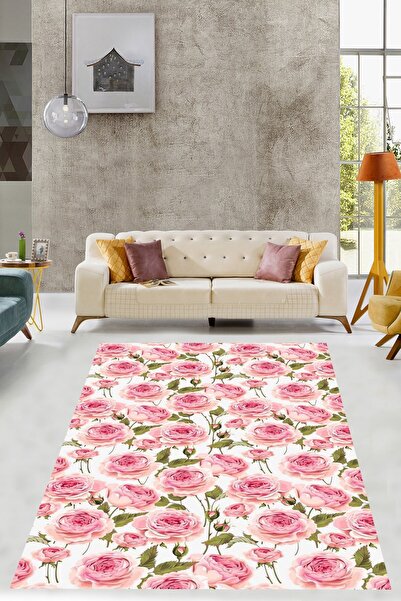 Pelangi Pembe Zeminde Gül Motifli Floral Desenli Yıkanabilir Kaymaz Taban Lek...