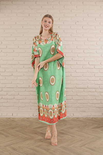 mervemoda Women's light green print plus size woven viscose dress long dress