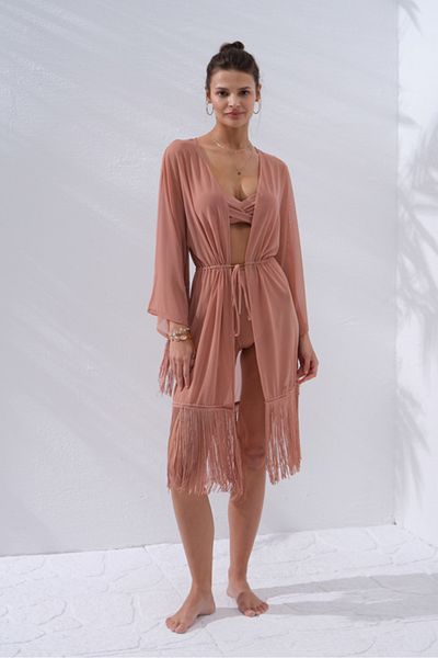 Pierre Cardin Women's Tassel Detailed Cloak Pareo Front Tie Rope Tassel Tunic Pareo Tasseled Tunic Pareo 2318