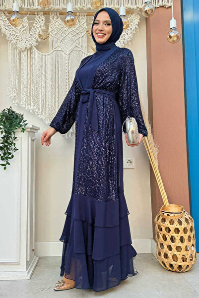 Bym Fashion Sequin Embroidered Abaya and Dress Set 8483 Navy Blue