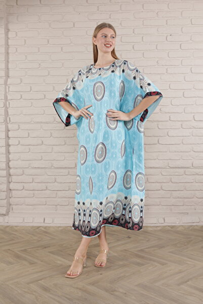 mervemoda Women's Light Blue print plus size woven viscose dress long dress