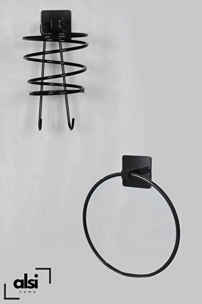 ALSİ HOME Yapışkanlı Siyah Fön Makinesi Askısı Yuvarlak Havluluk Havlu Askısı...